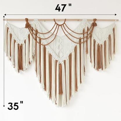 Macrame Wall Hanging Handwoven Geometric Tapestry Woven Decor 47" W*35" L - color: Brown and White