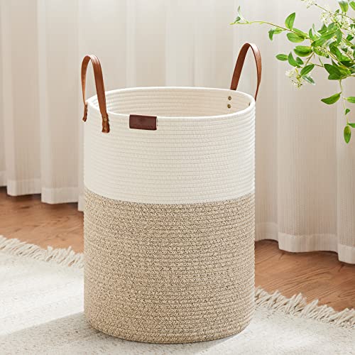 VIPOSCO Tall Laundry Basket, Large Dirty Clothes Hamper with Leather Handle, Woven Rope Storage Basket for Blanket, Toy In Living Room, Bathroom, Bedroom - 58L White & Brown - color: Brown, size: 58L