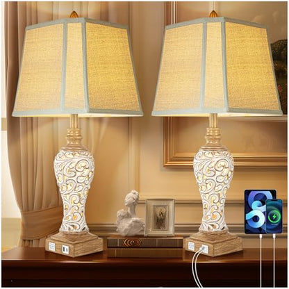 Rustic Table Lamp Set of 2 for Living Room with Night Lights, 28.5" Tall - color: Cream+Brown-Set of 2, size: 28.5 inch