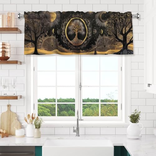 Moon Art Abstract Valances for Windows Rod Pocket Curtain Valance 1 Panel Short Curtains for Kitchen Bathroom Living Room Bedroom Window Treatments - color: Moon Art