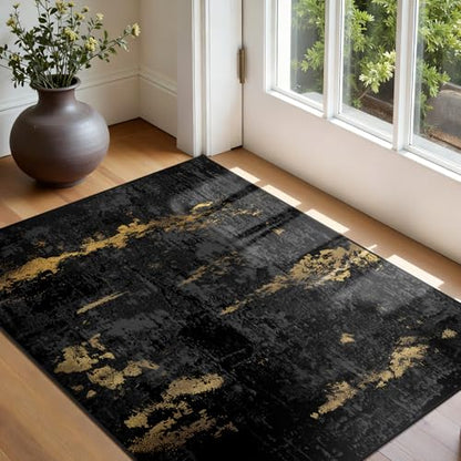 RELEANY Washable 3'x5' Abstract Area Rug for Living Room Black Gold - color: Black/Gold, size: 3' x 5' (Rectangular)