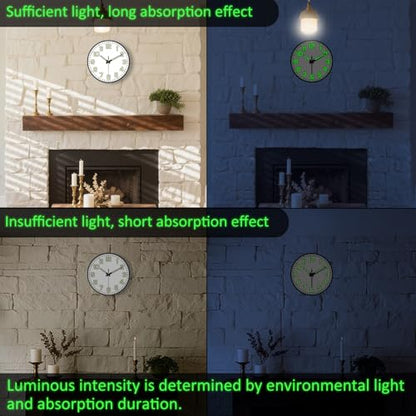 Glow in The Dark Wall Clock, 8" Silent Non-Ticking Wall Clocks Battery Operated, Large Easy Read Numbers Tempered Glass Night Light Analog Clock for Bedroom Living Room Kitchen Office, White - color: White Green, size: 8 Inch