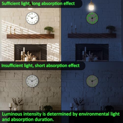 12 Inch Silent Wall Clocks Battery Operated, Glow in the Dark Wall Clock with Easy Read Numbers Non-Ticking Tempered Glass Night Vision Clocks for Living Room Office Gym Bedroom, Modern White - color: White Green, size: 12 Inch