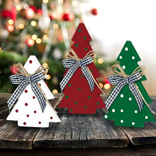 Christmas Tiered Tray Decoration Set - 3pcs Rustic Wooden Christmas Tree Design with Polka Dot Elements Table Centerpieces - Farmhouse Style Freestanding Display for Coffee Bar, Dining Table - style: Polka Dot-B