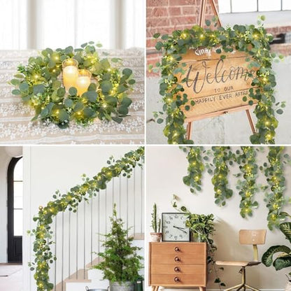 N&T NIETING 2 Pack Artificial Eucalyptus Garland with Lights, 6FT Artificial Greenery Summer Garlands, Battery Operated Twig Vine for Room Stairs Mantle Wedding Holiday Decoration Indoor Outdoor - size: 2