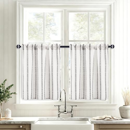 JIUZHEN Striped Linen Kitchen Curtains 2 Panels - Short Tier Drapes with Rod Pocket, Farmhouse Cafe Curtains for Small Windows 36 Inch Length, Wheat Stripe Grey - color: Wheat Stripe Grey, size: 26"W x 36"L (Pack of 2)