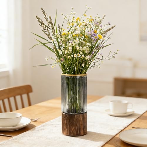 Artistic Wood Glass Vase,Wooden Base,Tall Vases Bottles for Flowers, Entryway, Dining Table, Shelf, Living Room, and Modern Home Decor (Italianate) - style: Italianate