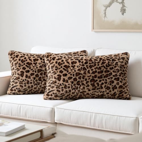 Cheetah Lumbar Pillow Covers 12x20 Inch Set of 2, Soft Faux Fur Double-Sided Rectangular Leopard Pillow Cases for Sofa Living Room, Modern Home Decor - size: 20" x 12" (Pack of 2)