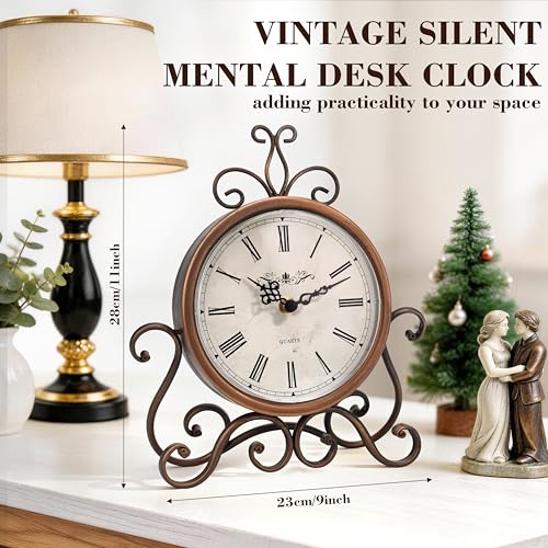 Mantel Clock Table Clock on Stand Retro Desk Shelf Brass Clock Non-Ticking - color: Retro-brass