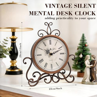 Mantel Clock Table Clock on Stand Retro Desk Shelf Brass Clock Non-Ticking - color: Retro-brass