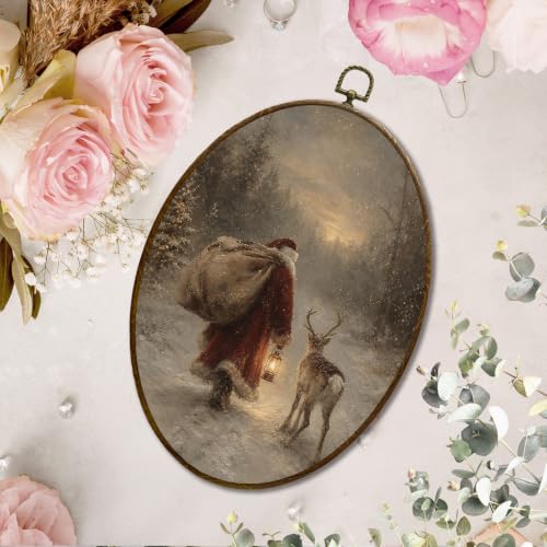 JQF Moody Christmas Santa Claus Reindeer Oval Wall Decor Framed 8.5x11.5 - color: santa-5