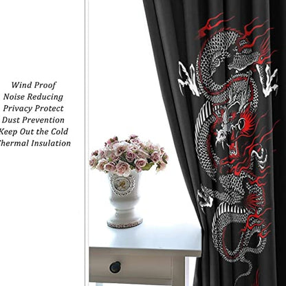 Fantasy Chinese Dragon Curtains - Cool Retro Black Red Japanese Anime Dragon Window Treatment Room Darkening Blackout Curtains Thermal Insulated Grommet Curtains 2 Panels 54L x 21W - color: Fantasy Chinese Dragon, size: 42"W x 54"L (Pack of 1)