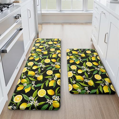 MAYHMYO Lemon Kitchen Decor Mat Set, 2PC Kitchen Mats, Anti Fatigue - color: Black Lemon
