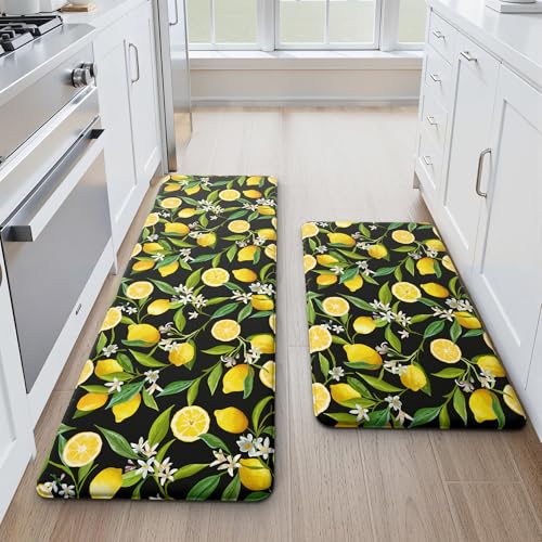 MAYHMYO Lemon Kitchen Decor Mat Set, 2PC Kitchen Mats, Anti Fatigue - color: Black Lemon