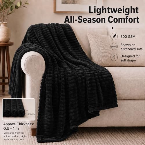 HIMEET Black Throw Blanket for Couch, 300GSM Ribbed Fleece, 50 x 60 Inches - color: Black, size: Throw (50" x 60")