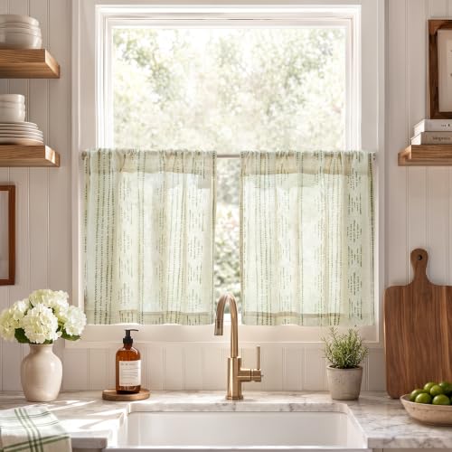 jinchan Linen Striped Tier Curtains for Kitchen Windows Boho - color: Boho Green | on Beige, size: 26"W x 20"L (Pack of 2)