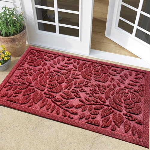 Bulijojo Front Door Mat Entrance,Durable Heavy Duty Welcome Mat,Thick Absorbent Natural Rubber Non Slip Mat,Sturdy Entryway Red Flower, 17x30 - color: Red Flower, size: 1'5" x 2'6" (Rectangular)