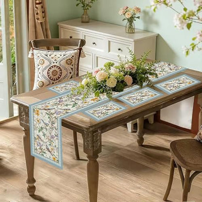 Floral Bird Table Runner and Placemats Set of 6, 13 x 72 Inch - color: Bird