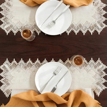 2 Pcs Lace Doily, 16"*35" Rectangle Neutral Earth Tones Beige Lace Coffee Table Topper Linen Style Tablecloth Placemats with Embroidery Edge for Dining Room - size: 16*35"