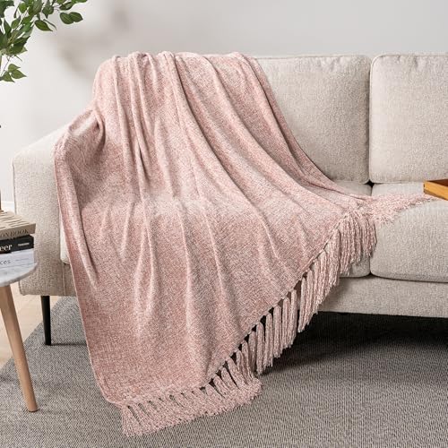 PAVILIA Chenille Throw Blanket, Knit Sofa Couch Tassel Throw, Pink 50x60 - color: Blush Pink, size: 50 X 60 Inches - Throw