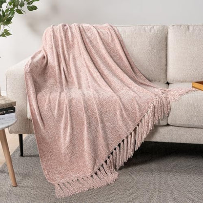 PAVILIA Chenille Throw Blanket, Knit Sofa Couch Tassel Throw, Pink 50x60 - color: Blush Pink, size: 50 X 60 Inches - Throw