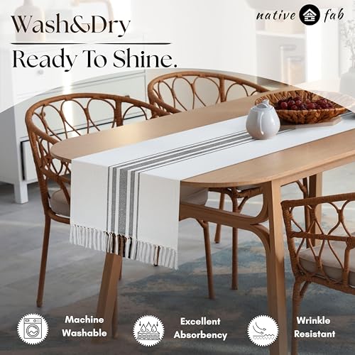 Native Fab Black Stripe Table Runner - 108 Inches Long Boho Table Covers with Fringes - 100% Cotton, Braided Weave, Non Slip Tablerunner for Dining Room, Dresser, Events, 14"x108" - Black and White - color: Black White, size: 14x108