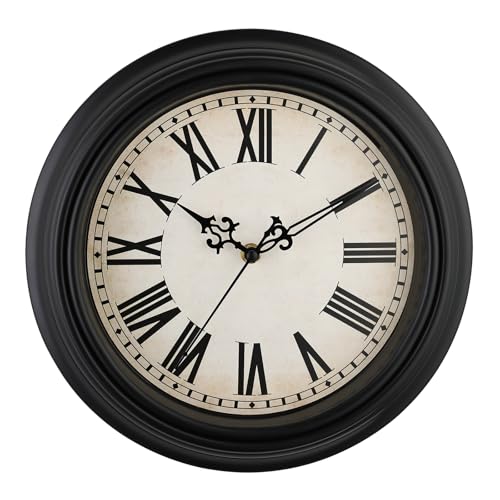 Plumeet Small Retro Wall Clock, 10'' Non Ticking Classic Silent Vintage Wall Clocks Decorative Kitchen Living Room Bedroom, Roman Numerals, Battery Operated, Black - color: Black, size: 10''