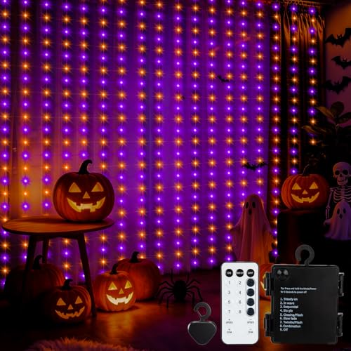 echosari Halloween Curtain Lights Battery Operated 9.8 x 9.8Ft | 300 LED Twinkle Lights Timer for Bedroom Wedding Backdrop Decor Orange & Purple - color: Orange & Purple, size: 9.8 × 9.8 ft
