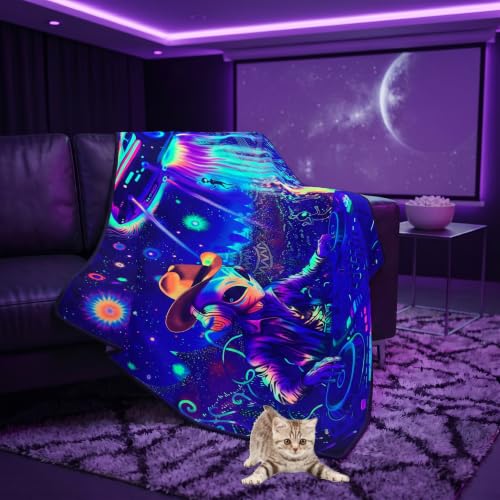 Blacklight Galaxy Alien Party Throw Blankets UV Reactive Night Sky Spaceship Throw Blanket Glow in the Dark Under Black Lights Game Room Decor Soft Throw Gifts 59x51 Inches - color: Alien Party