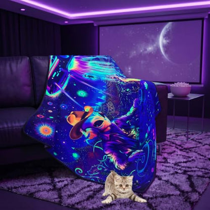 Blacklight Galaxy Alien Party Throw Blankets UV Reactive Night Sky Spaceship Throw Blanket Glow in the Dark Under Black Lights Game Room Decor Soft Throw Gifts 59x51 Inches - color: Alien Party