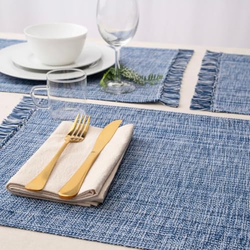Cotton Placemats Set of 6-13x19 Inch, Woven Chambray Place Mats, Durable & Elegant for Dining Table, Wedding, Restaurant, Machine Washable, Oeko-TEX Certified - Blue - color: Blue - Chambrey