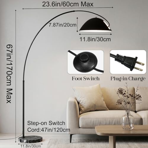 Black Arc Floor Lamp,70"Arch Floor Lamps for Living Room Modern Arched Floor Lamp Metal Curved Arc Floor Light with Black Marble Base Arch Standing Lamp for Offices Bedrooms,E26 Bulb,3 Light Color