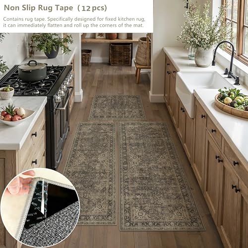Washable Vintage Brown Kitchen Runner Rug Set of 3 - color: Retro | Brown, size: 20"x32"+20"x48"+30"x50"