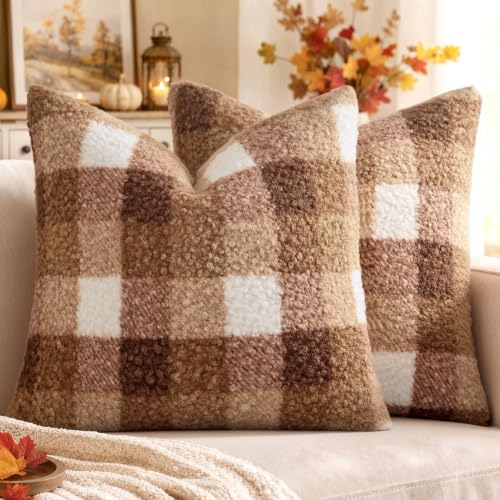 MIULEE Fall Plaid Pillow Covers Boucle Khaki White 20x20 Set of 2 - color: Khaki White, size: 20" x 20" (Pack of 2)
