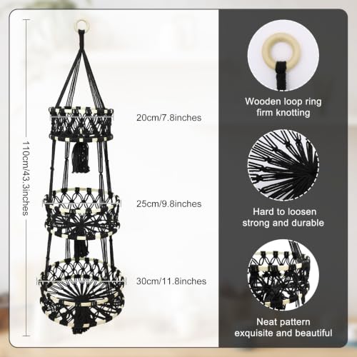 3-tier Hanging Fruit Baskets for Kitchen, Woven Cotton Rope Fruit Hammock, Macrame Hanger Holder for Fruit Vegetable Produce Storage & Organization, Boho Hanging Plant Holder for Indoor Outdoor - color: Black
