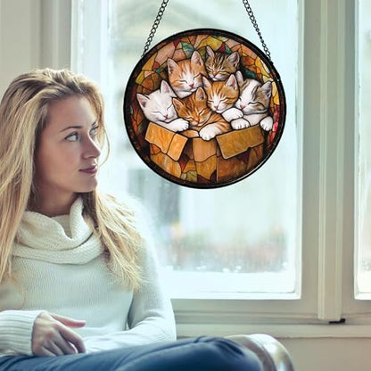 Sleeping Kittens Stained Glass Window Hanging Suncatcher Gifts 9.8" - color: Brown and White, size: 9.8x9.8 IN