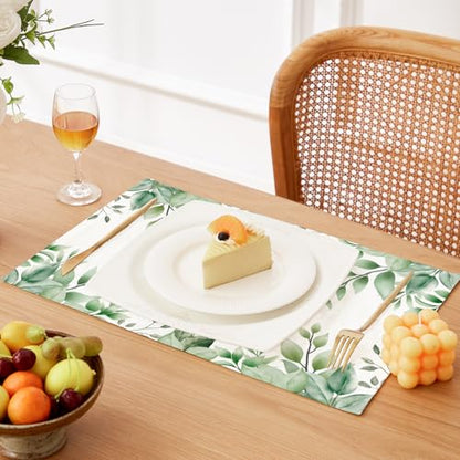 QiyI Boho Table Placemats Set of 4, 12"x18" Linen Place Mats, Green Leaves - color: Green Leaves Border, size: Set of 4