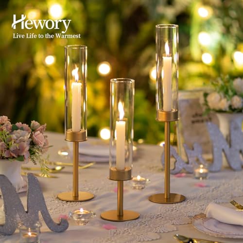 Hewory Gold Candlestick Holders: 12PCS Glass Hurricane with Brass Base - color: Matte Gold, size: 12pcs