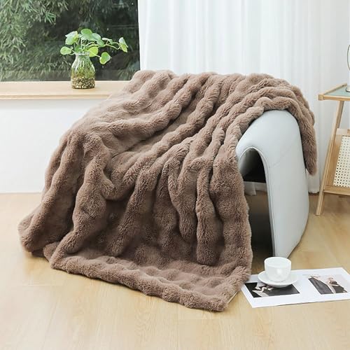 UKELER Soft Faux Fur Throw Blanket Solid Reversible Shaggy Blanket Plush Thick Fluffy Blankets Throws for Bed, Couch, Sofa, Office, Camping 50''x60'' Brown - color: D-brown, size: 50''x60''