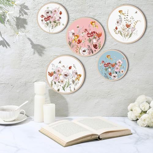 Qunclay 5 Pcs Boho Wall Decor Wood Circle Wall Art Set, Wild Flower - style: Wild Flower