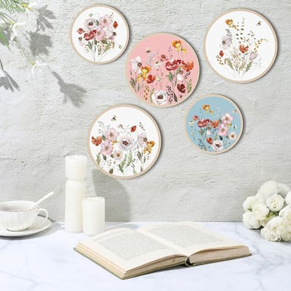 Qunclay 5 Pcs Boho Wall Decor Wood Circle Wall Art Set, Wild Flower - style: Wild Flower