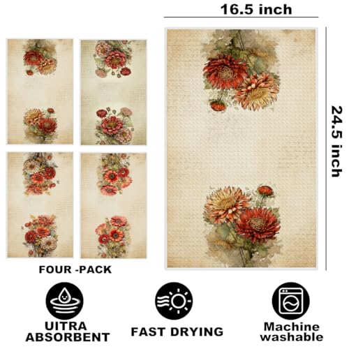 4 Pcs Vintage Floral Kitchen Towels, Artistic Flower Decorative Dish Towel - color: Multi 1417
