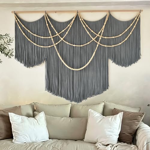 Large Macrame Wall Hanging Grey Boho Wall Art Beaded Decor 57"W*39"L - color: Gray1