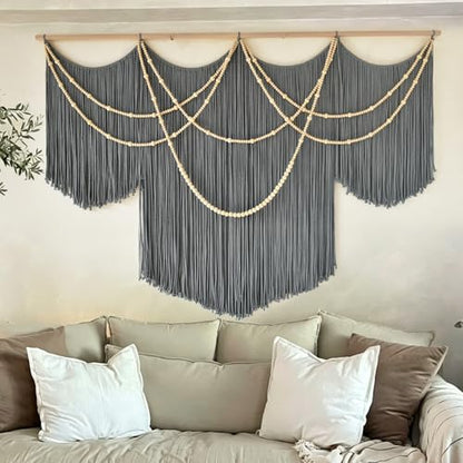 Large Macrame Wall Hanging Grey Boho Wall Art Beaded Decor 57"W*39"L - color: Gray1