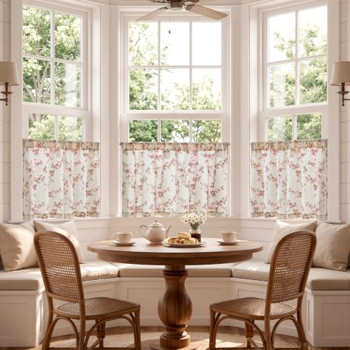 jinchan Floral Linen Kitchen Tier Curtains, 24 Inch, 2 Panels, Terracotta - color: Alisa Terracotta, size: 26"W x 24"L (Pack of 2)