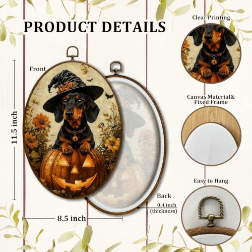 JQF Halloween Dachshund Witchy Pumpkin Oval Wall Decor Framed, 8.5x11.5 In - color: fall dog-1