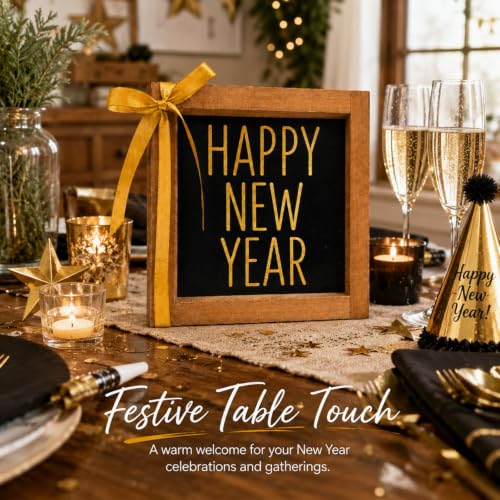 Happy New Year Sign Wall Table Tiered Tray Shelf Home Decor - color: black and gold