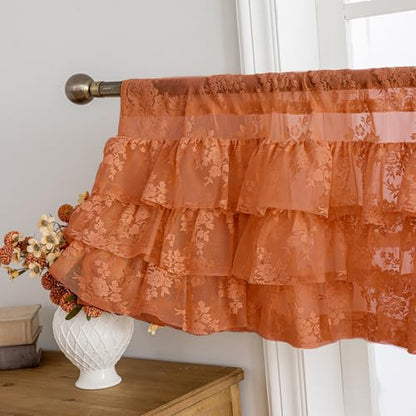 Kotile Burnt Orange Lace Ruffle Valance for Windows W52 x L18 inch, 1 Panel - color: Burnt Orange - Ruffle Lace