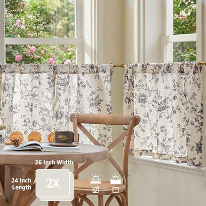 jinchan Floral Linen Kitchen Tier Curtains, 24 Inch, 2 Panels, Black - color: Amlie Black, size: 26"W x 24"L (Pack of 2)