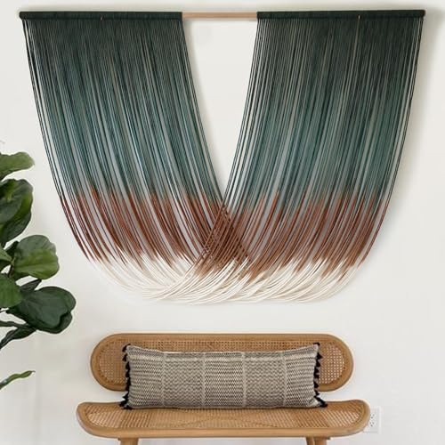 Macrame Wall Hanging Dip-Dye Green Boho Wall Decor Chic Fiber Yarn Wall Art Craftsmanship Bedroom Livingroom Nursery Apartment Home Decor 57" W x 35" L - color: Green Brown